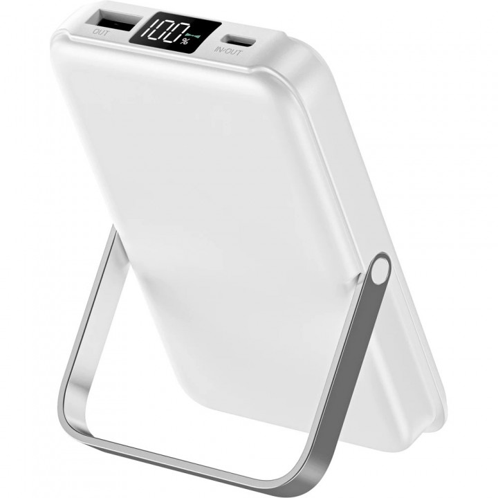 Beyaz standlı MagSafe uyumlu 10000 mAh LCD göstergeli promosyon powerbank